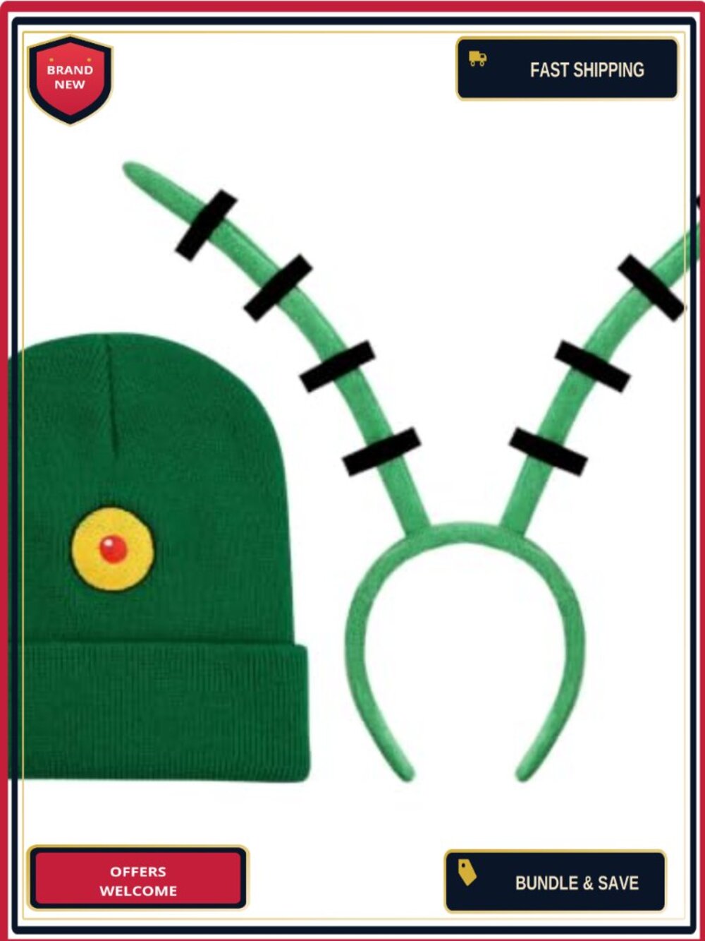 Rib-Knit Beanie Hat and Antenna Headband Set Cosplay Halloween